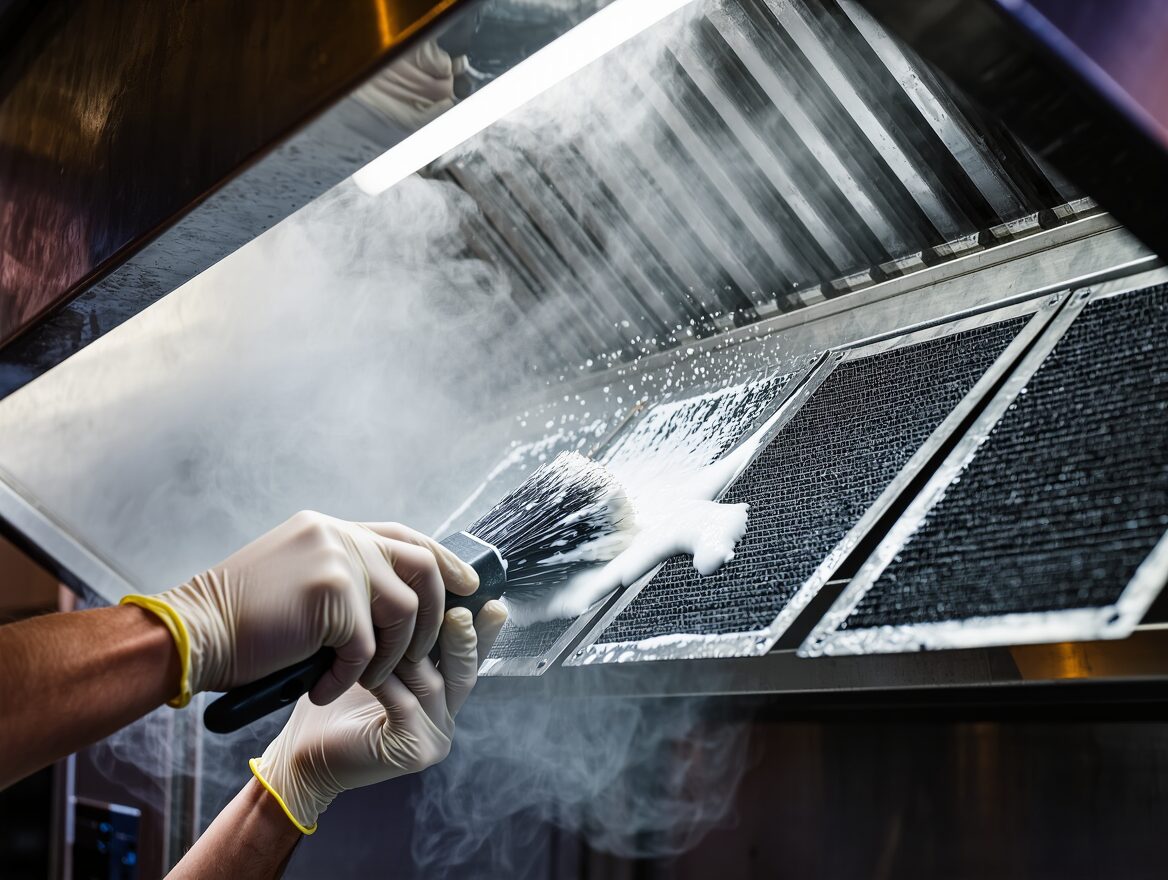 Technician scrubbing grease from commercial hood baffle filters