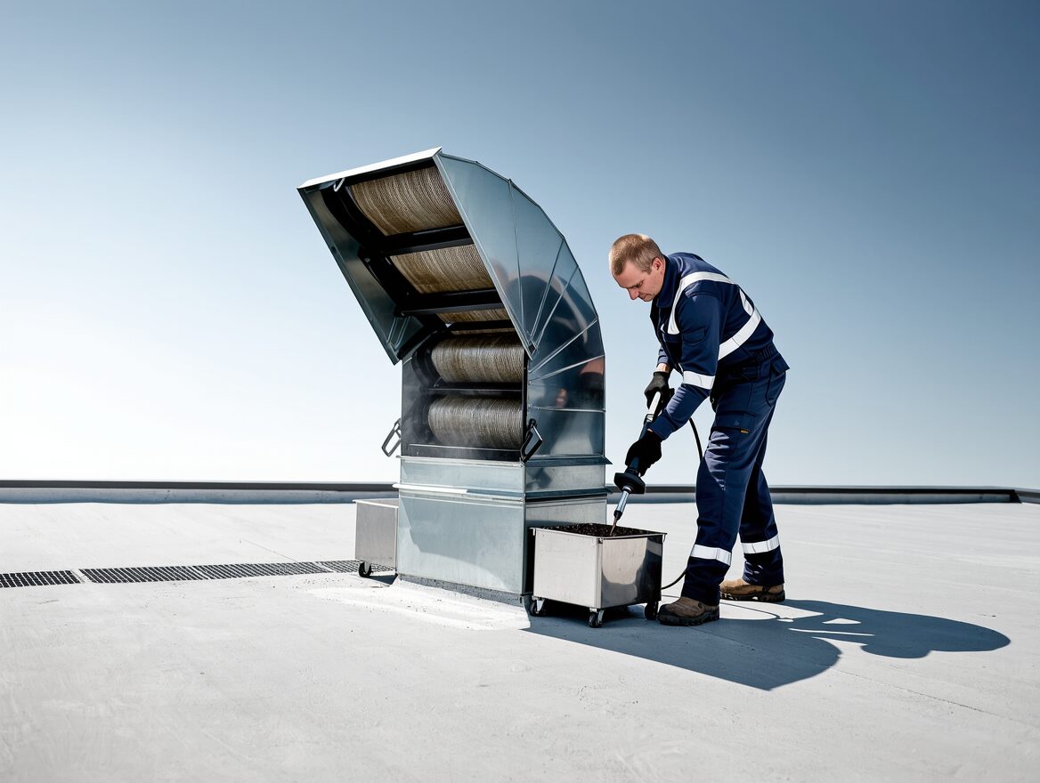 Technician servicing a rooftop commercial exhaust fan